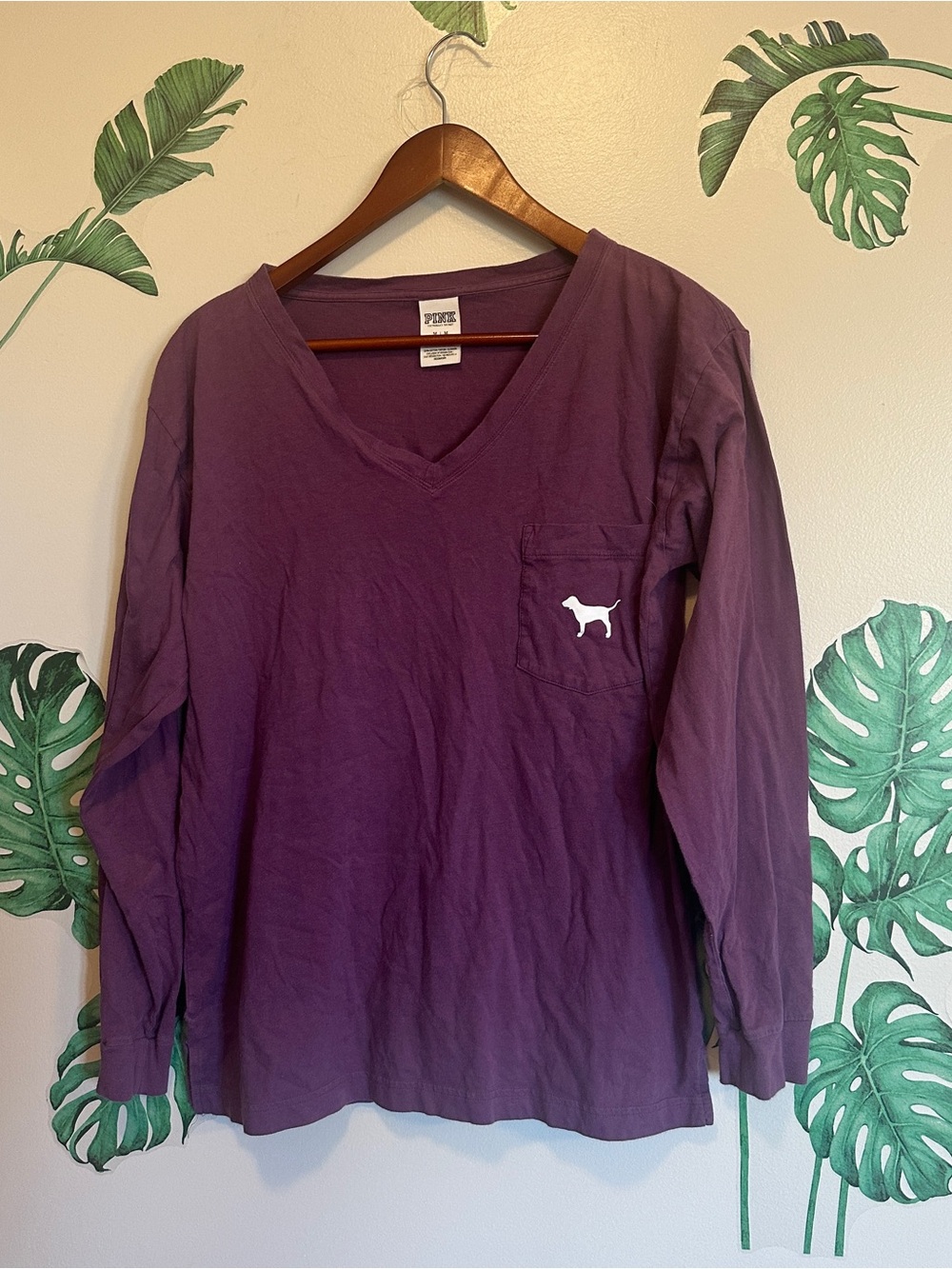 PINK V-neck Long Sleeve Pocket Tee in Deep Purple